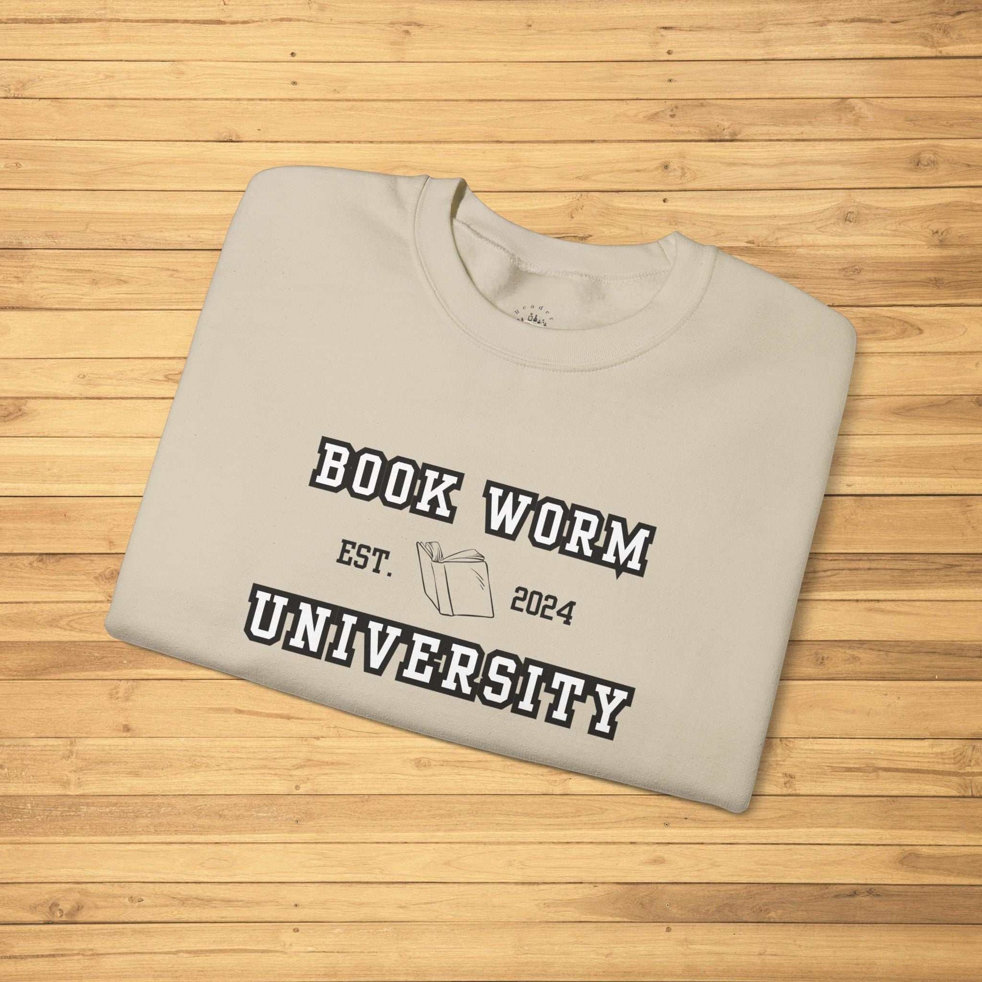 Bookworm University Crewneck Sweatshirt with Est 2024 design, cotton-polyester blend, classic fit.