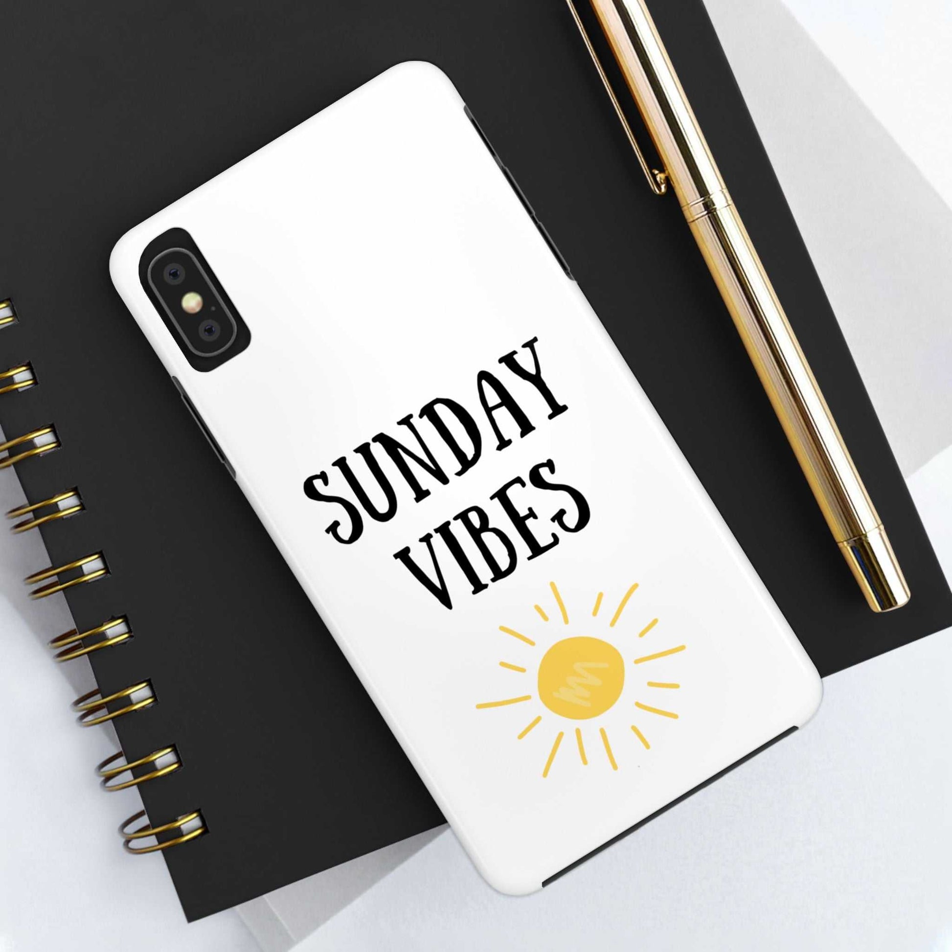 Phone case with 'Sunday Vibes' sun graphic, durable Lexan plastic, and glossy finish.