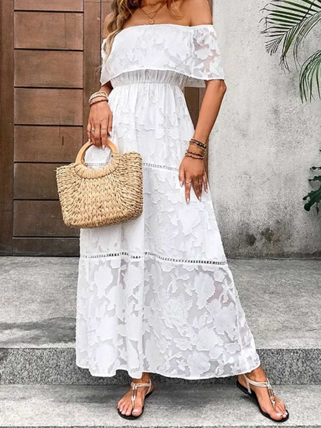 Off-Shoulder Short Sleeve Maxi Dress in white, semi-sheer polyester, features basic style, no stretch.