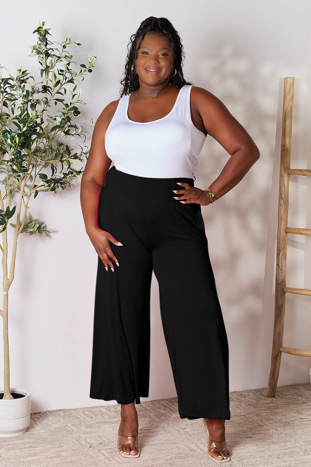 Basic Bae Full Size Smocked Wide Waistband Wide Leg Pants