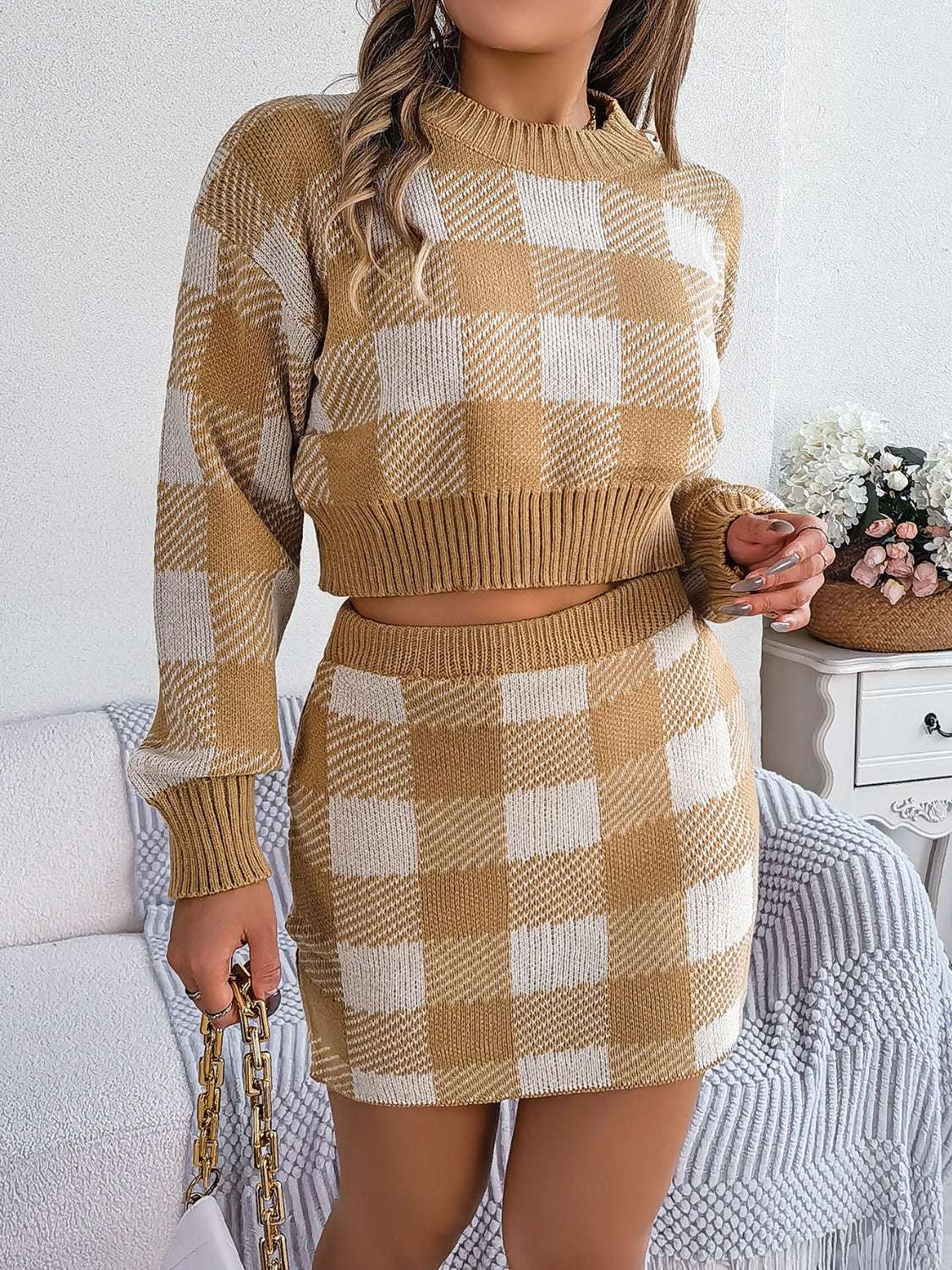 Plaid Round Neck Top and Skirt Sweater Set Khaki