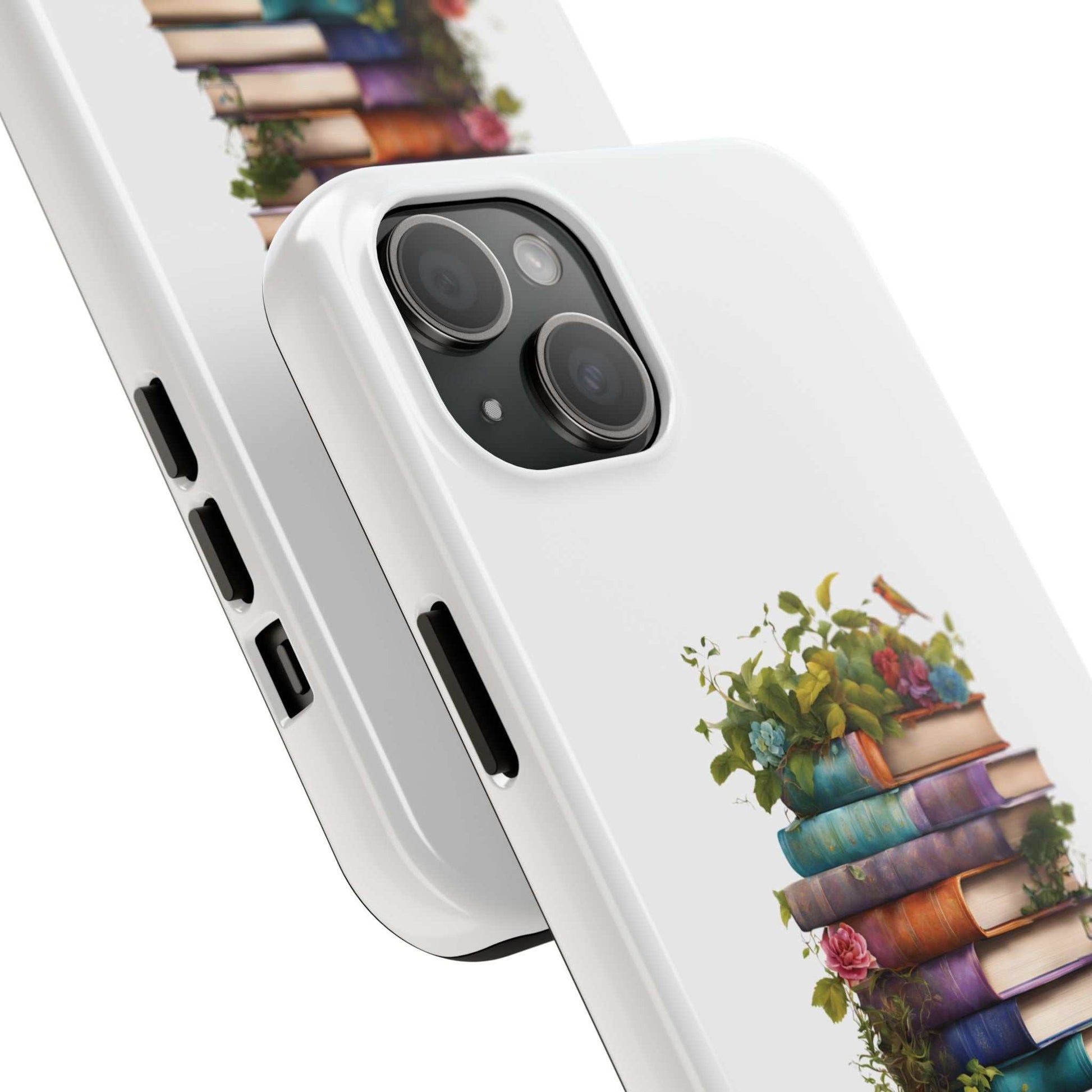 Phone case with book pile design for book lovers, durable protection.