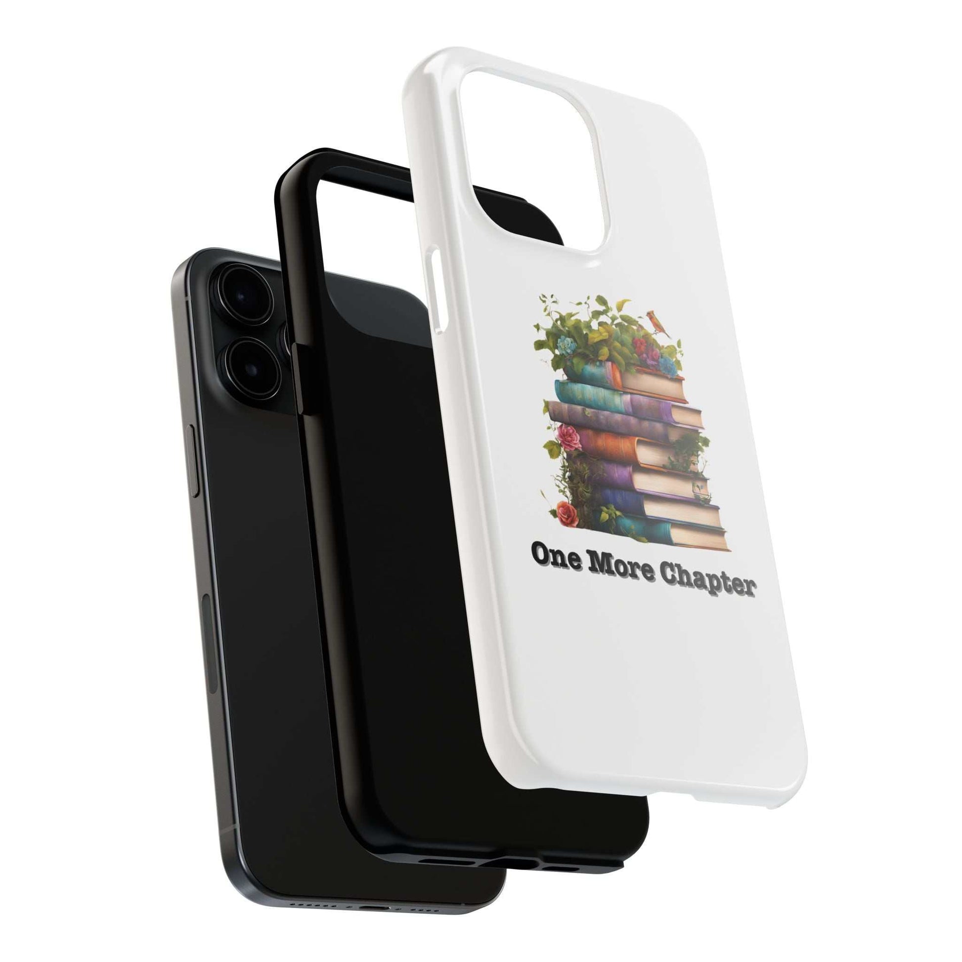 Phone case with 'One More Chapter' book pile design for book lovers.