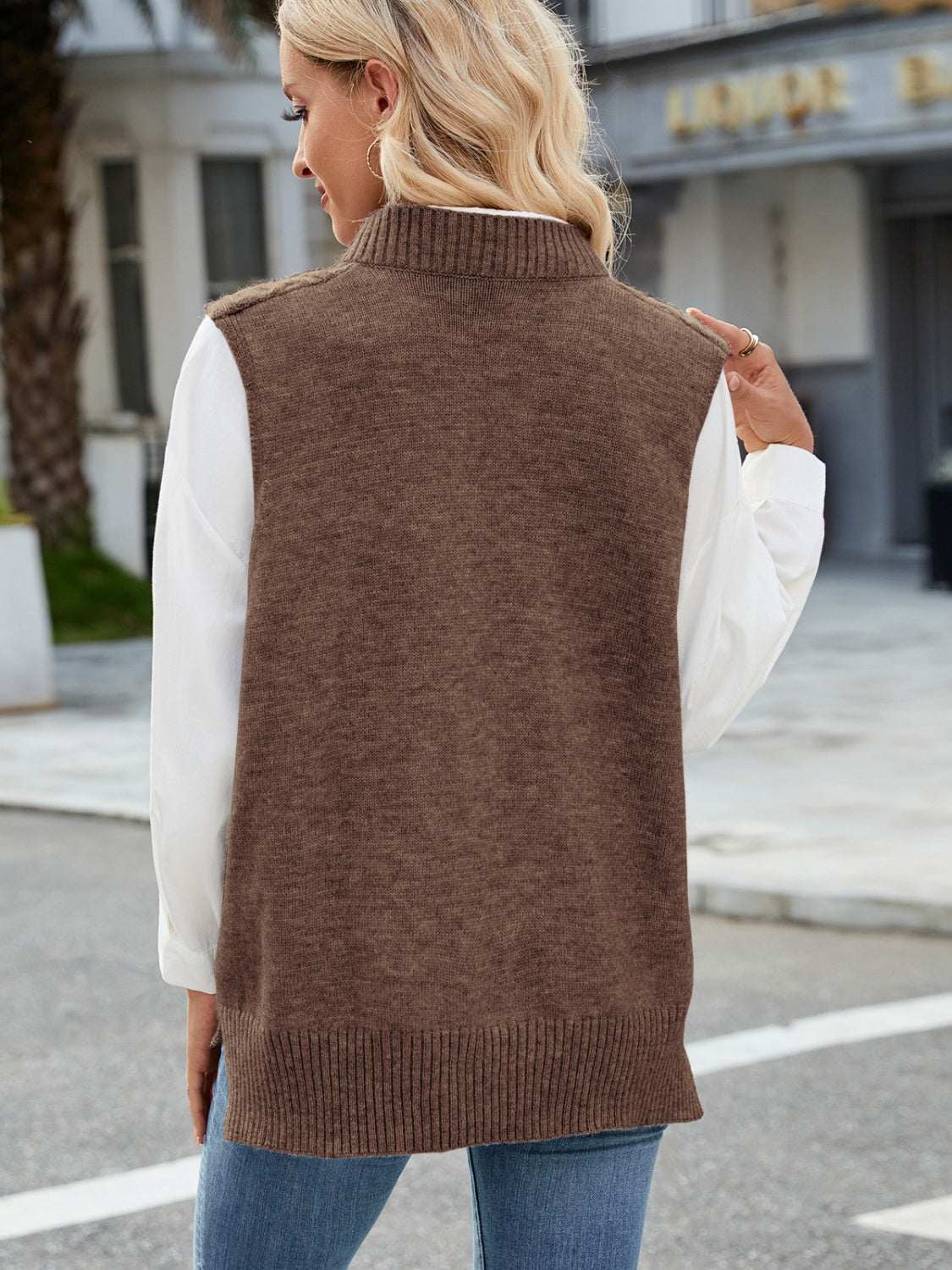 Cable Knit V-Neck Sweater Vest in brown, back view, slightly stretchy, 100% acrylic.