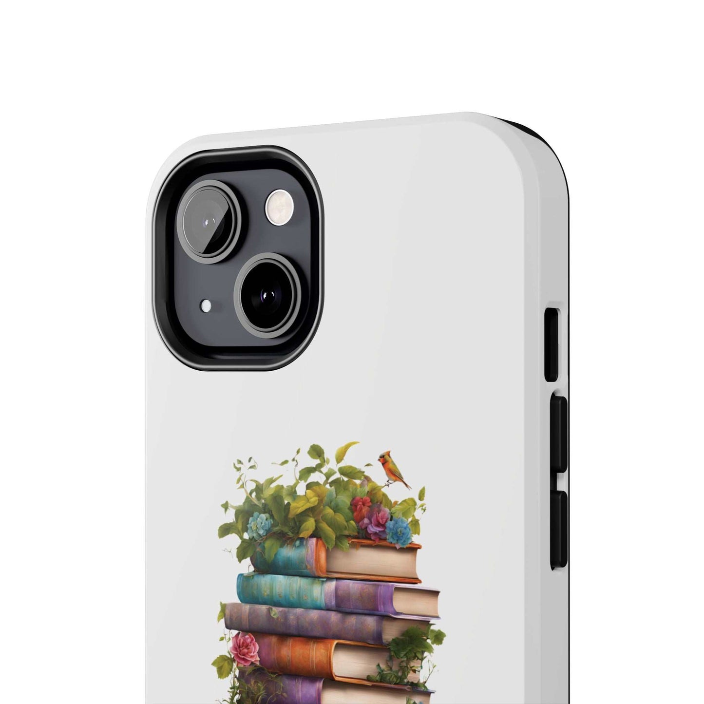 Phone case with book pile design, perfect for book lovers; strong and stylish protection.