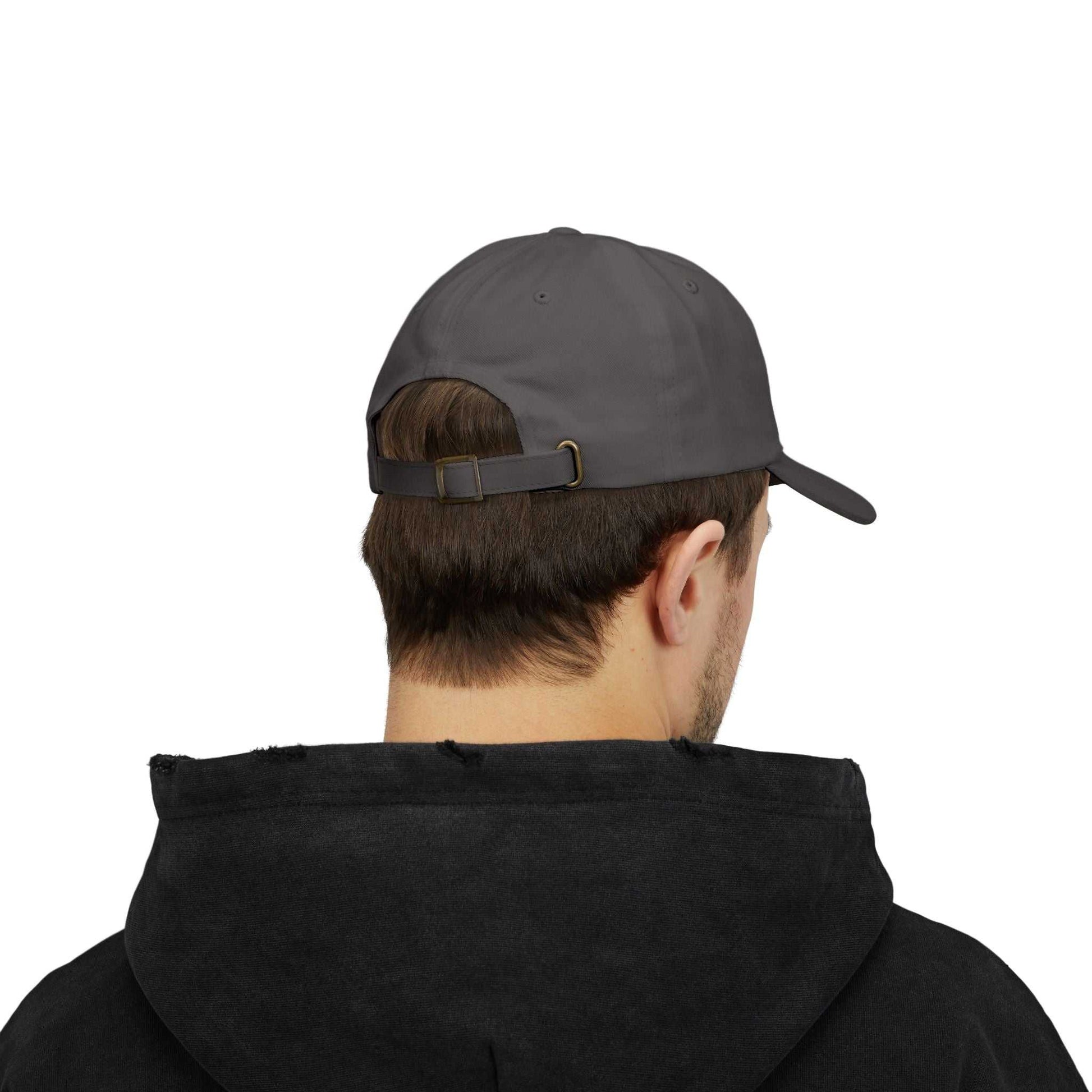 Classic Dad Cap in gray with adjustable snap closure and precurved visor, back view.