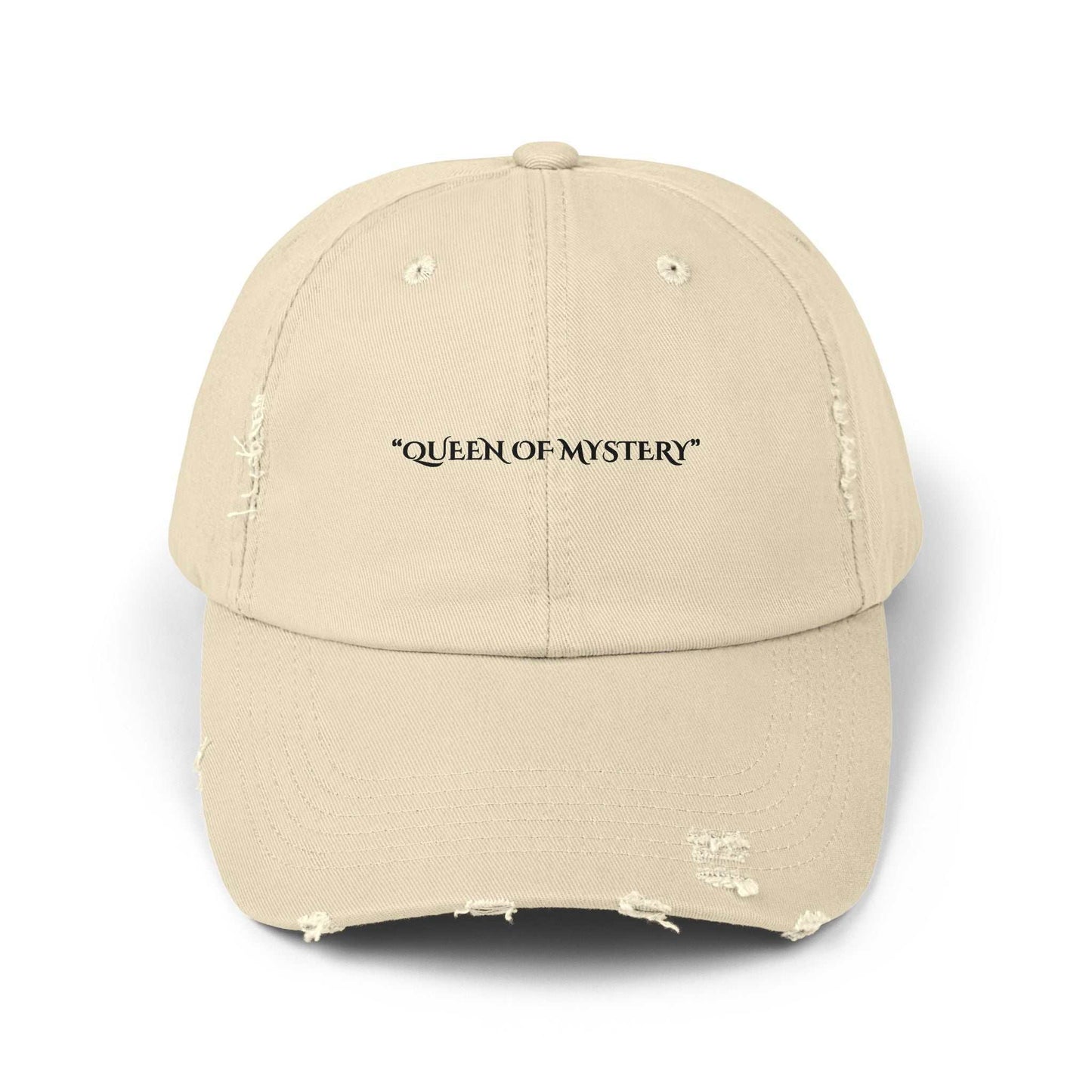 Distressed beige cap with "Queen of Mystery" text from Securing Secrets Brand, featuring a vintage look.