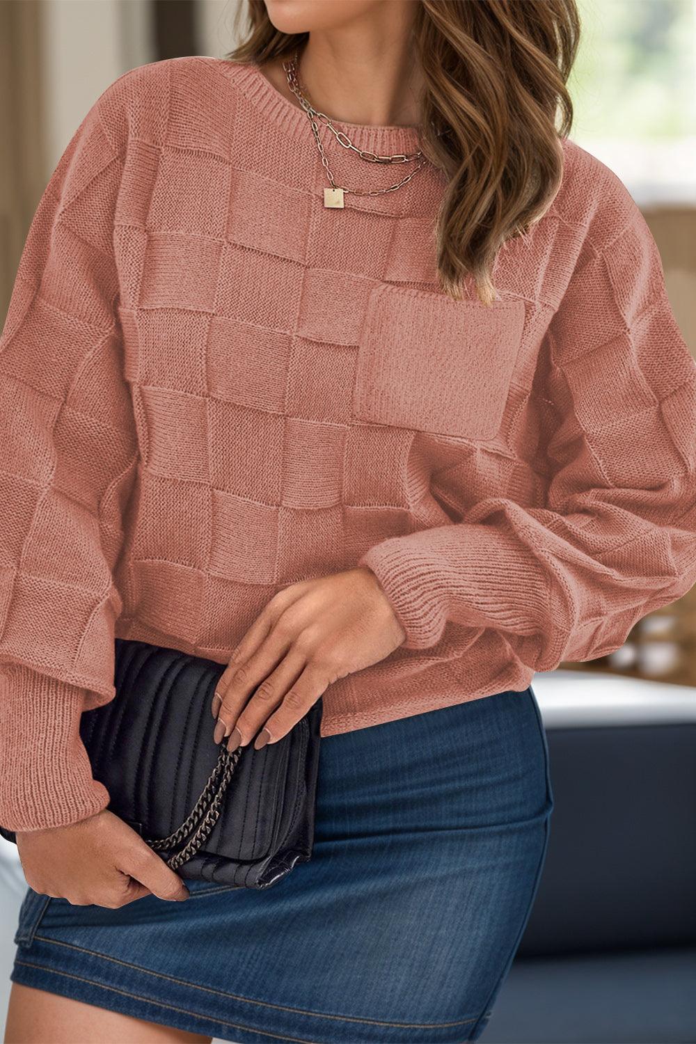 Plus Size Plaid Round Neck Sweater in pink with long sleeves and textured pattern.