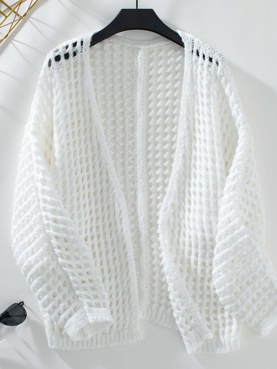 Openwork Open Front Long Sleeve Cardigan White