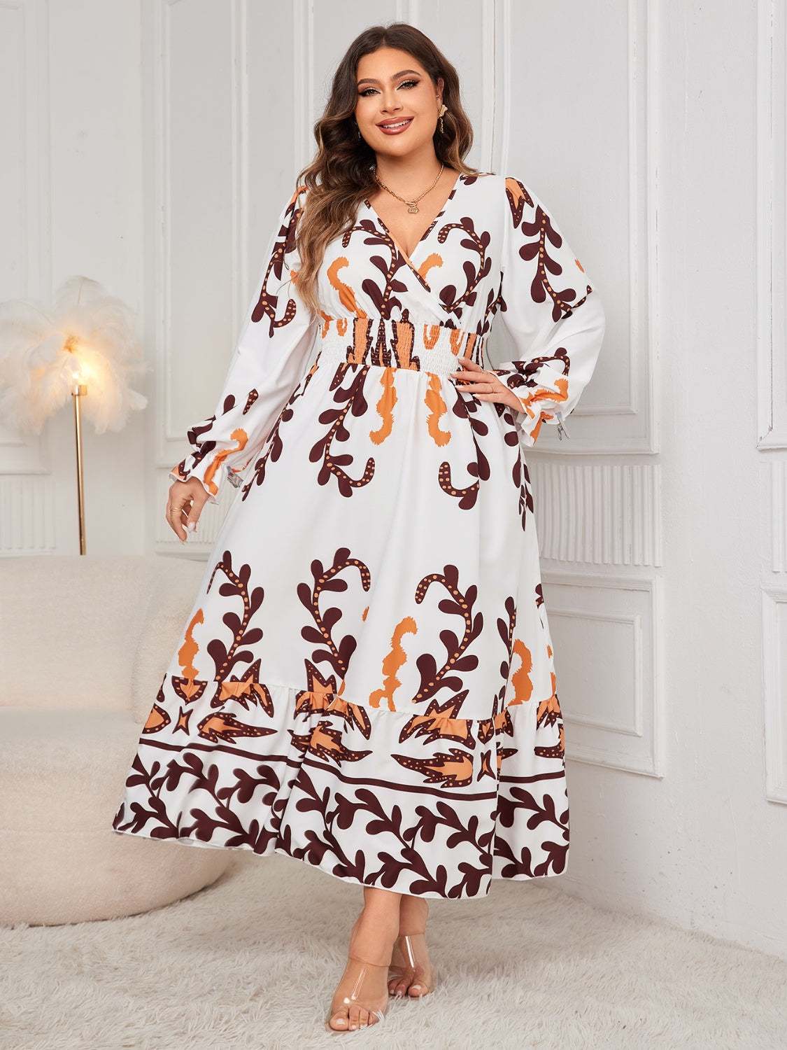 Honey Plus Size Printed Surplice Flounce Sleeve Dress White