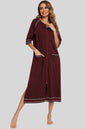 Zip Up Slit Round Neck Night Dress with Pockets, burgundy color, featuring a comfortable fit and slight stretch.