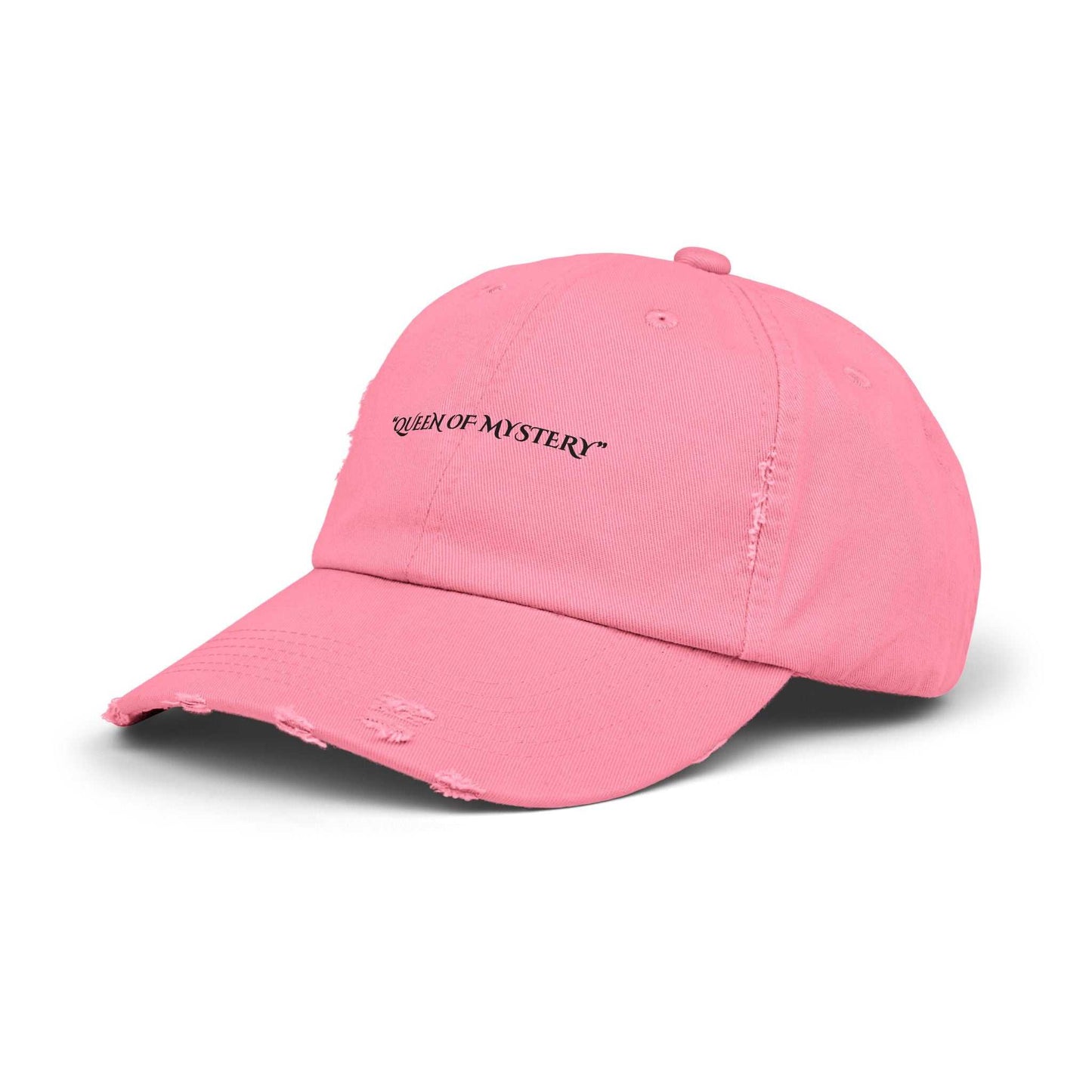 Distressed pink cap with "Queen of Mystery" text, Securing Secrets Brand, vintage style.