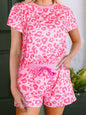 Leopard round neck top and shorts lounge set in pink with tied waist detail.