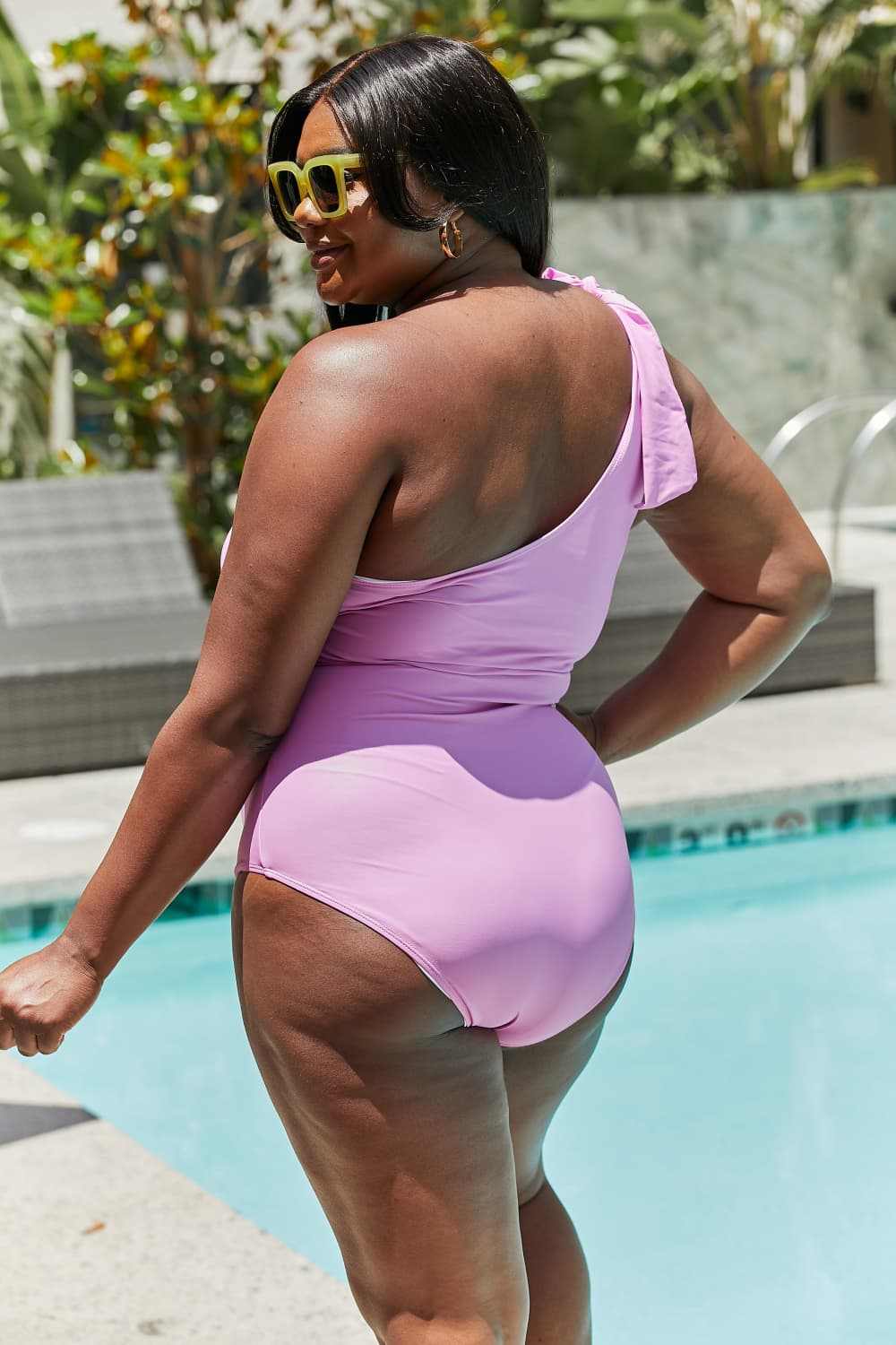 Marina West Swim Vacay Mode One Shoulder Swimsuit in Carnation Pink poolside