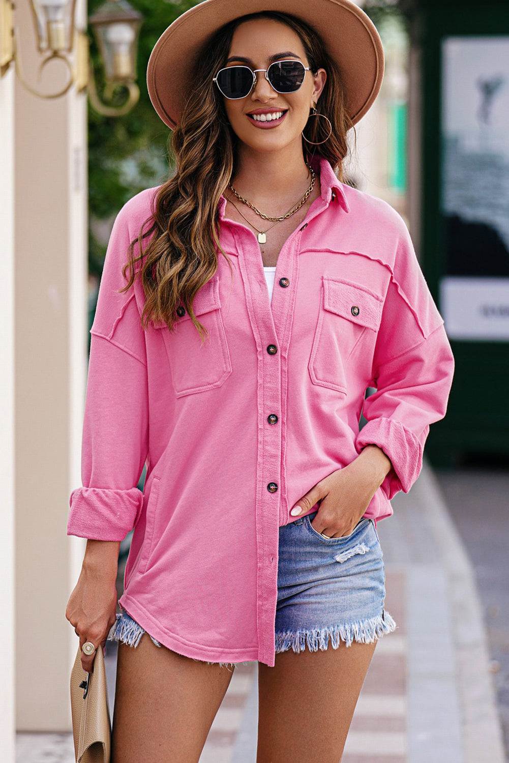 Button Front Shacket with Pockets Pink