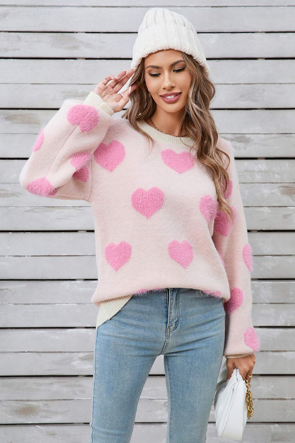 Angel Wings Heart Dropped Shoulder Long Sleeve Sweater Blush Pink