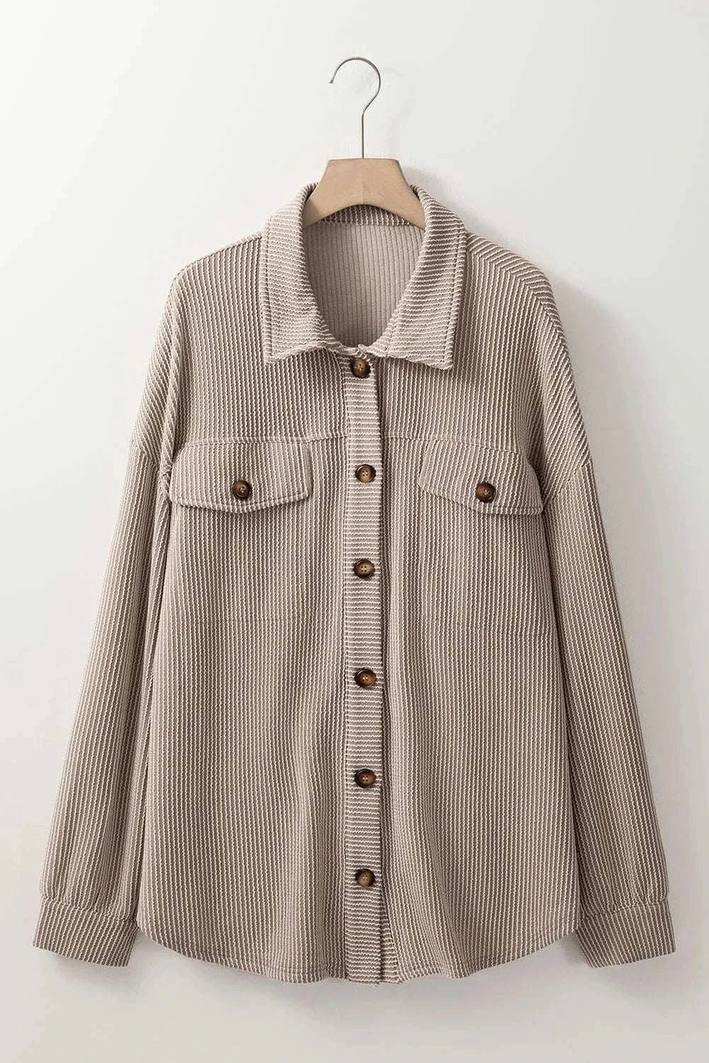 Plus size button-up long sleeve jacket with striped pattern and front pockets.