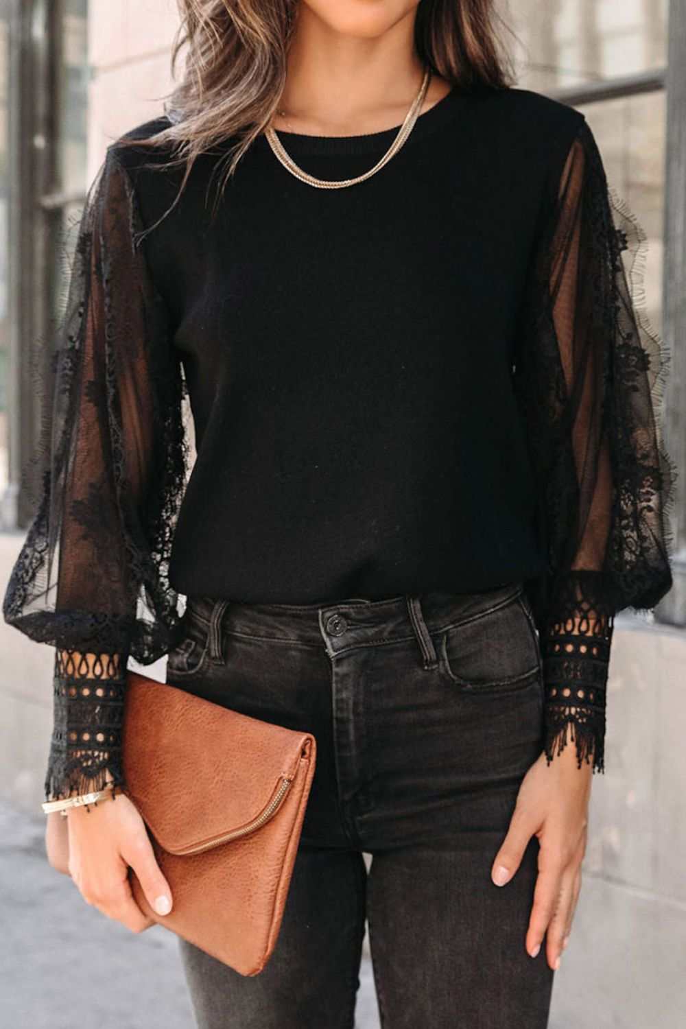 Lace Detail Mesh Lantern Sleeve Blouse