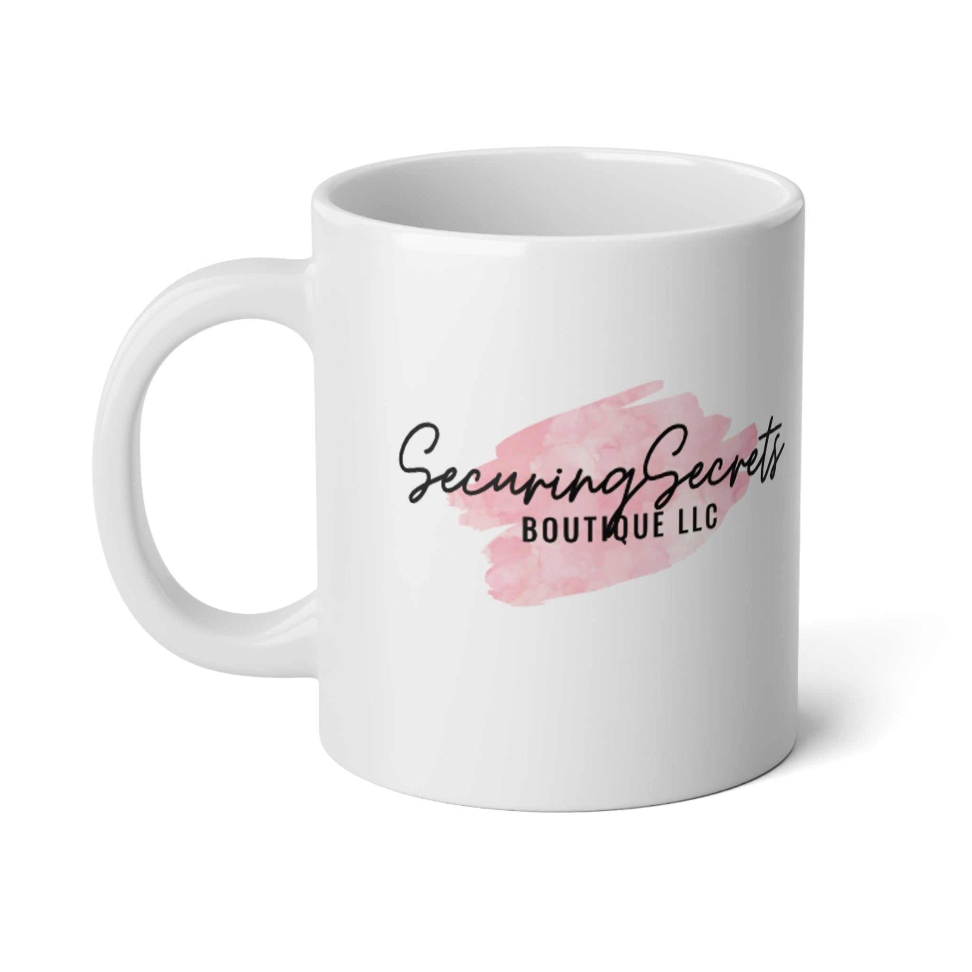 Jumbo 20oz ceramic mug with Securing Secrets Boutique LLC logo, ideal for coffee and tea lovers.