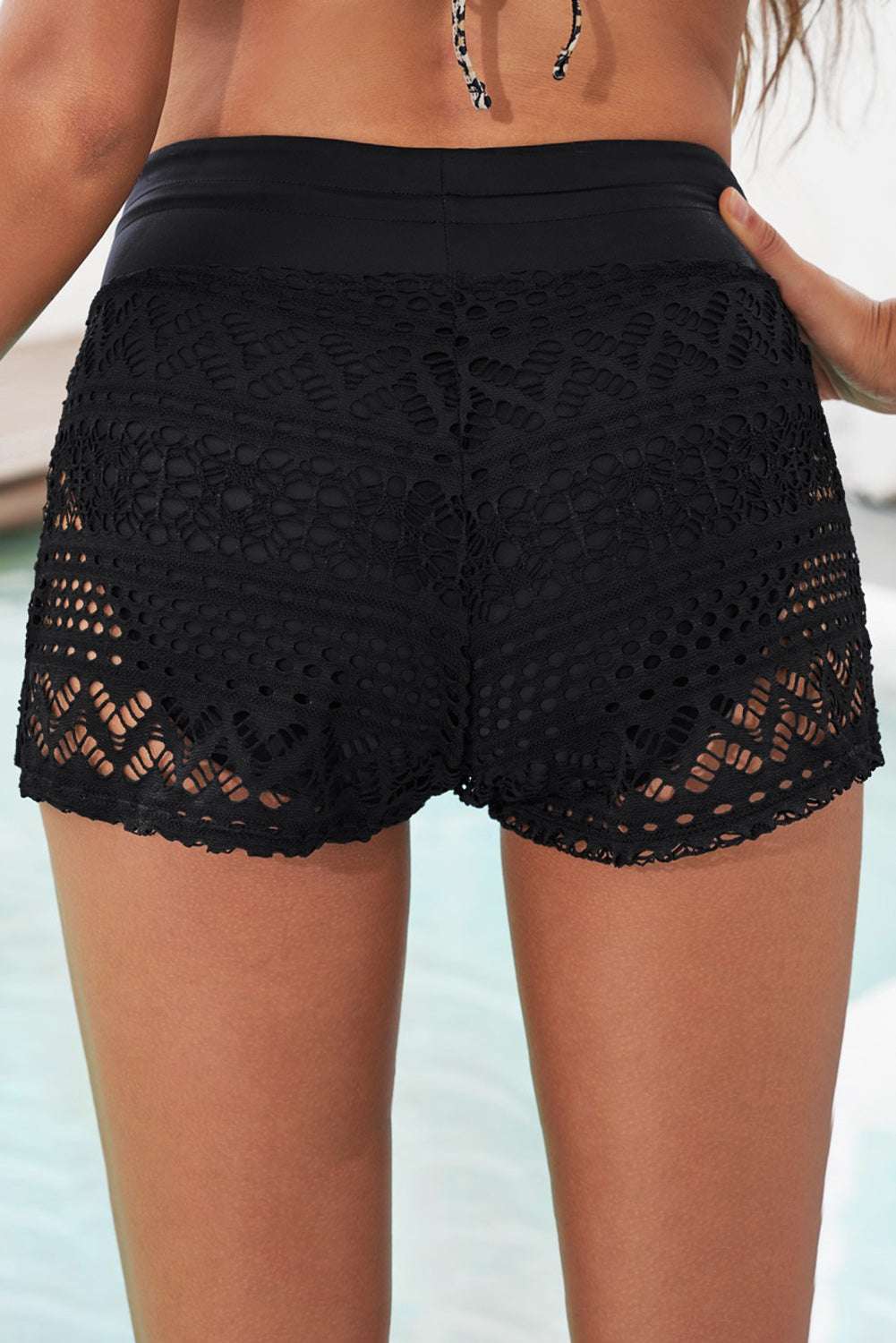 Full size drawstring waist swim shorts with lace overlay, beach style.