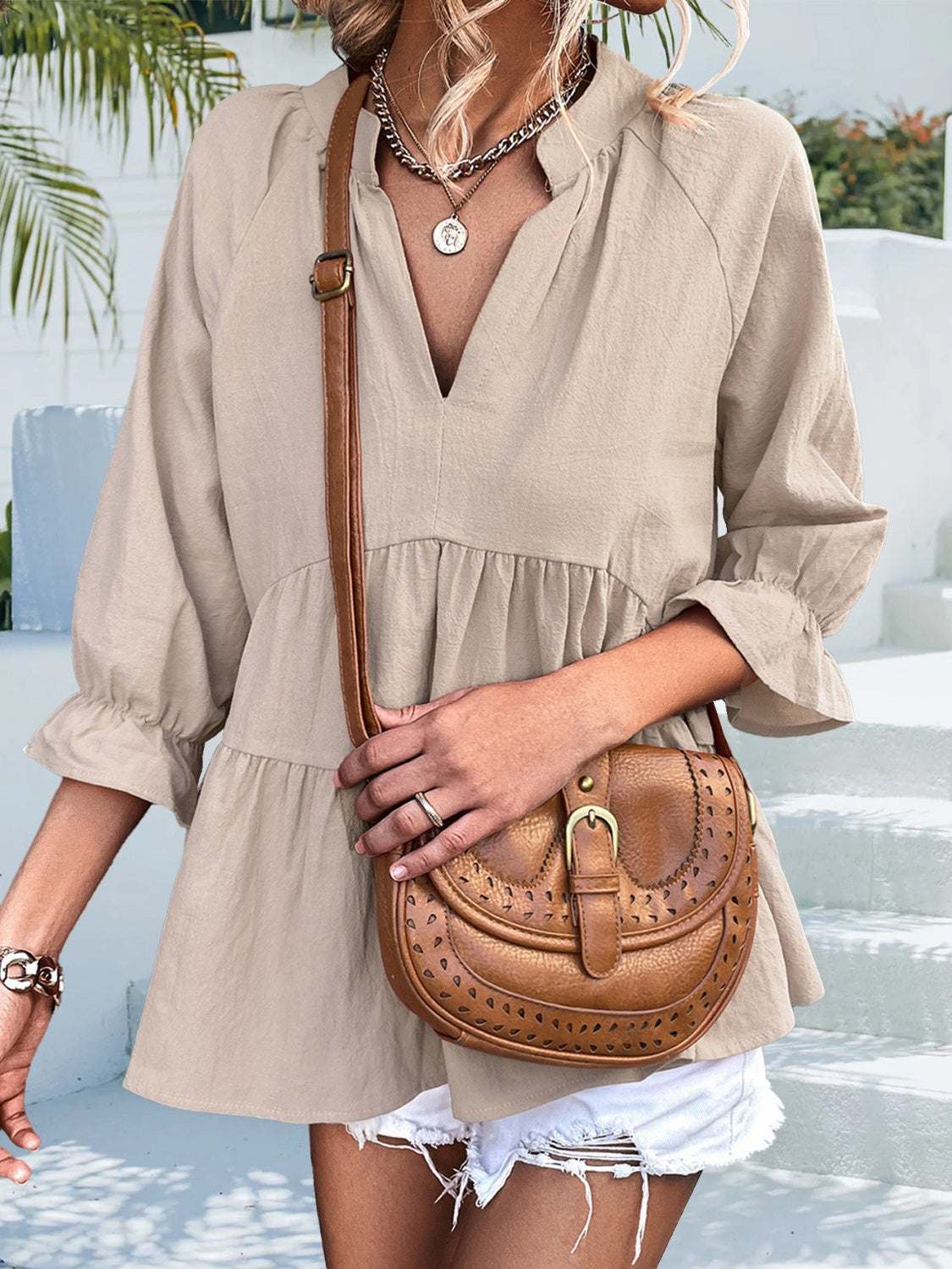 Ruffled Notched Three-Quarter Sleeve Blouse