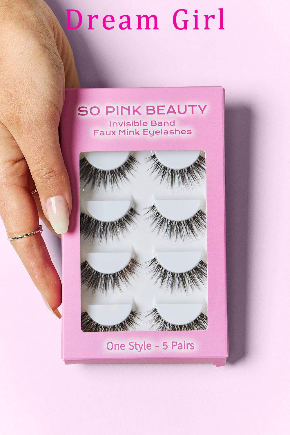 PINK BEAUTY Faux Mink Eyelashes 5 Pairs in pink packaging.