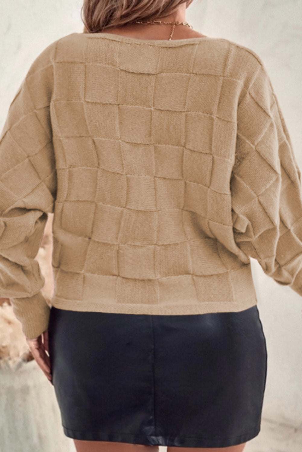 Plus size plaid round neck sweater in beige, slightly stretchy fabric