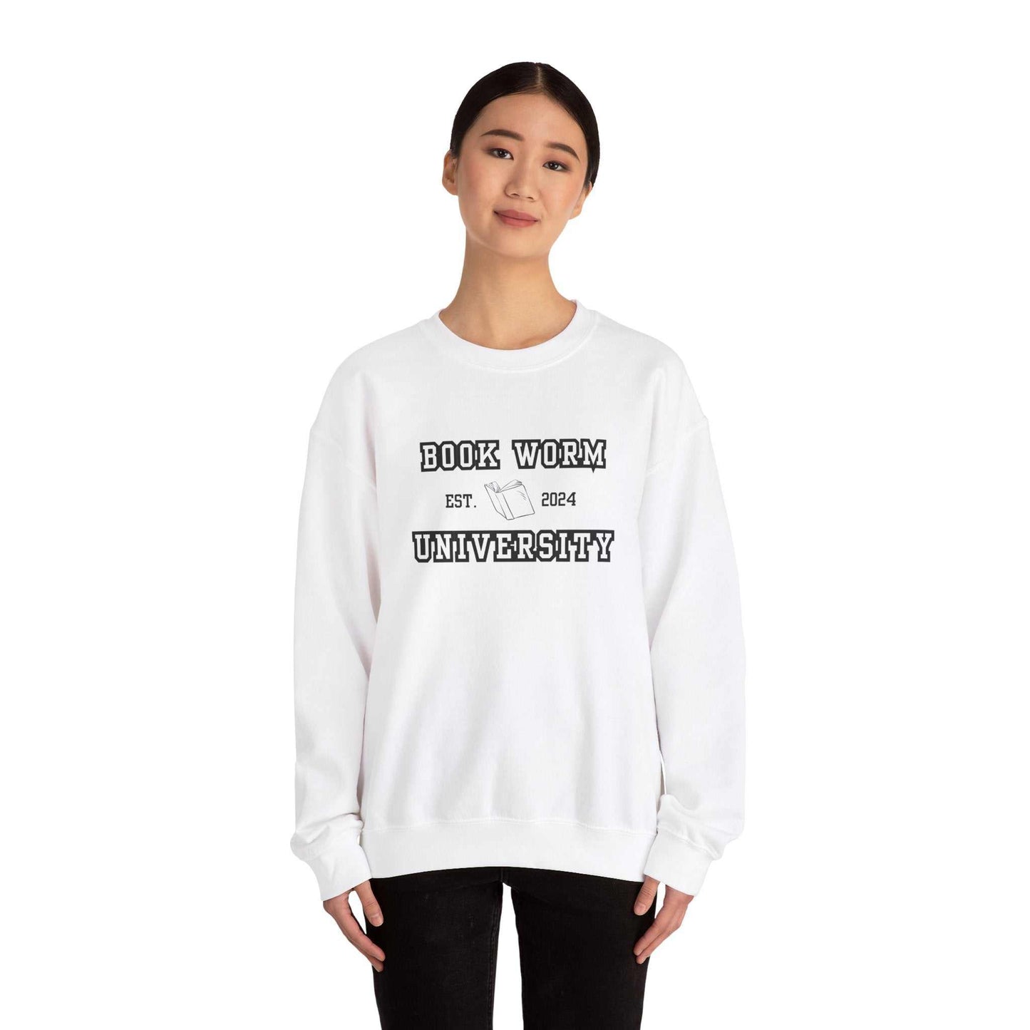 Bookworm University Crewneck Sweatshirt with Est 2024 Design and book graphic on white fabric.