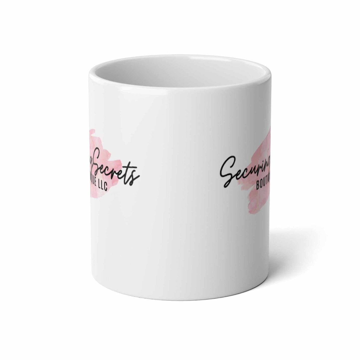 20oz jumbo mug with Securing Secrets Boutique LLC logo, ideal for hot beverages, microwave and dishwasher safe, durable white ceramic.