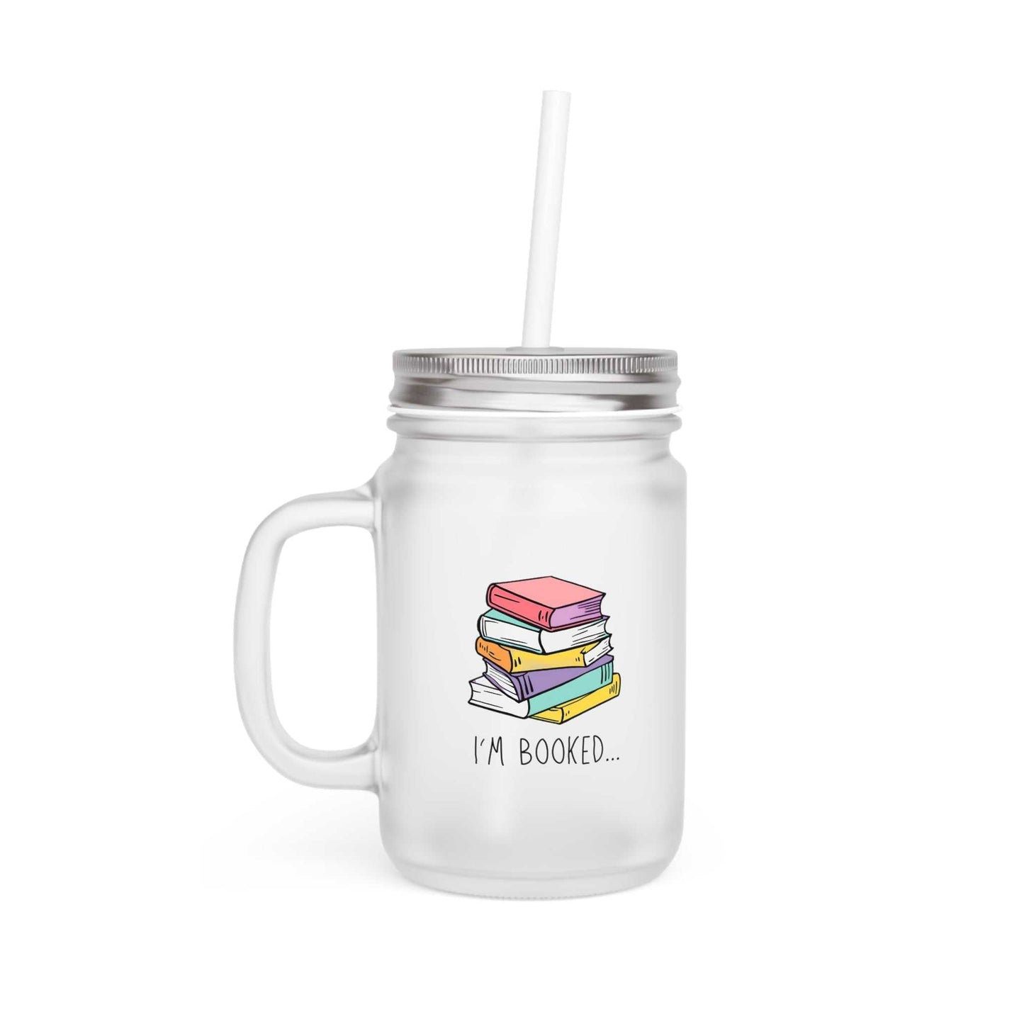 Mason jar mug with "I'm Booked" and books graphic on frosted glass.