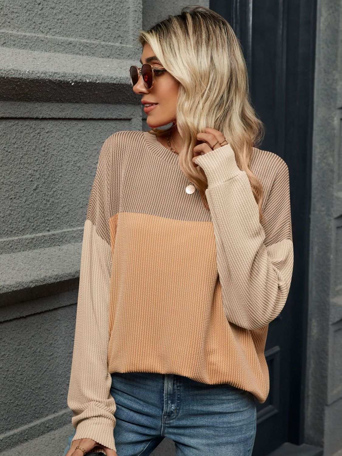 Double Take Contrast Round Neck Long Sleeve T-Shirt Sherbet