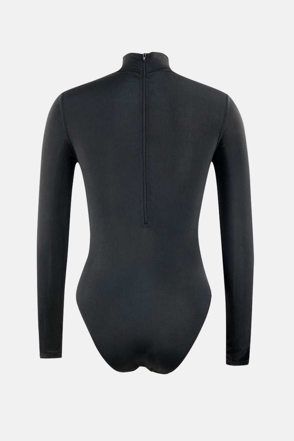 Mock neck long sleeve one-piece swimwear in black, showcasing a back view with a zipper closure.