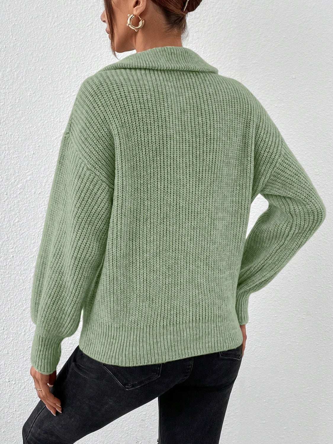 Honey Half Zip Dropped Shoulder Sweater Matcha Green