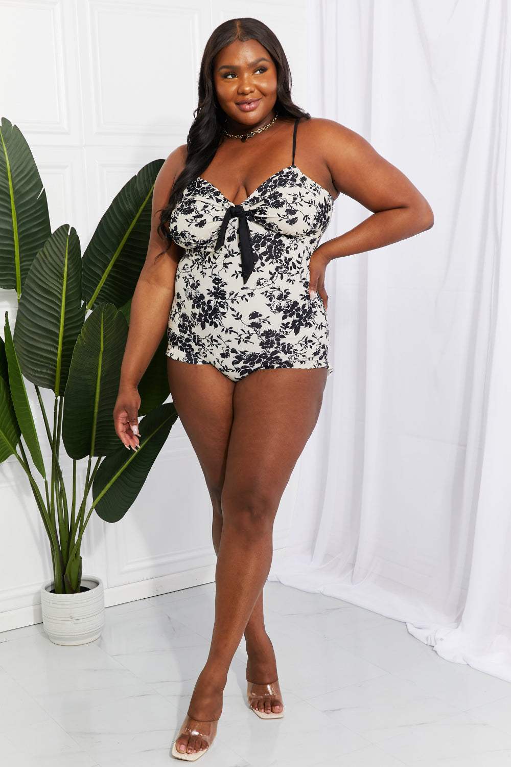 Marina West Swim Côte d'Azur Ruffle Trim One-Piece Swimsuit with floral pattern and sweetheart neckline.