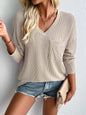 Double Take Pocketed Textured V-Neck Long Sleeve T-Shirt Dust Storm