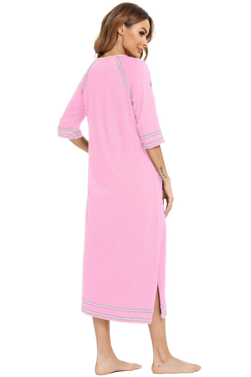 Zip up slit round neck night dress with pockets in pink, featuring a slightly stretchy fabric made of cotton, polyester, and spandex.