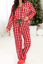 Red plaid lounge set with contrast piping and drawstring, featuring long-sleeve top and pants.