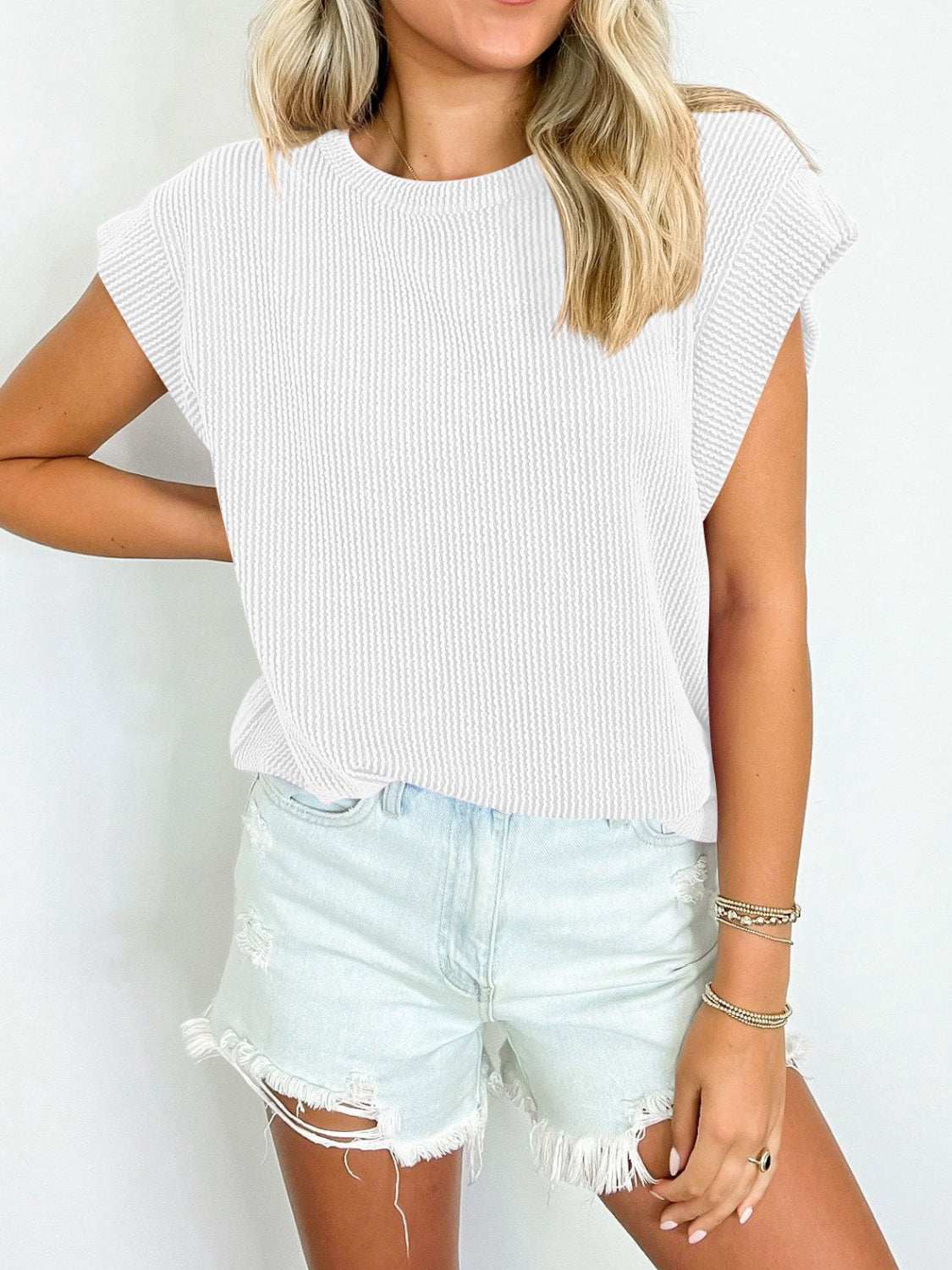 Lovelet Textured Round Neck Cap Sleeve Blouse