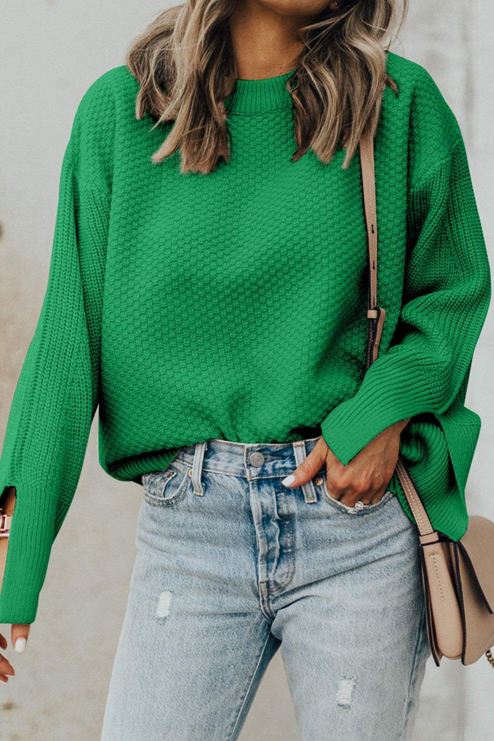 Textured Round Neck Long Sleeve Sweater Dark Green