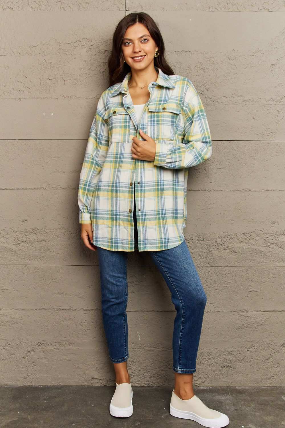 Ninexis Full Size Plaid Collared Neck Button-Down Long Sleeve Jacket Gum Leaf