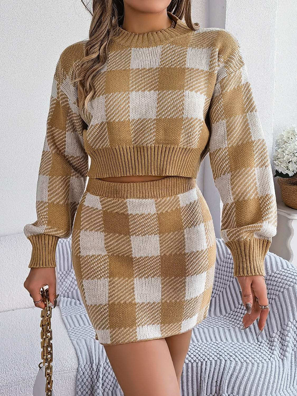 Plaid Round Neck Top and Skirt Sweater Set Khaki 