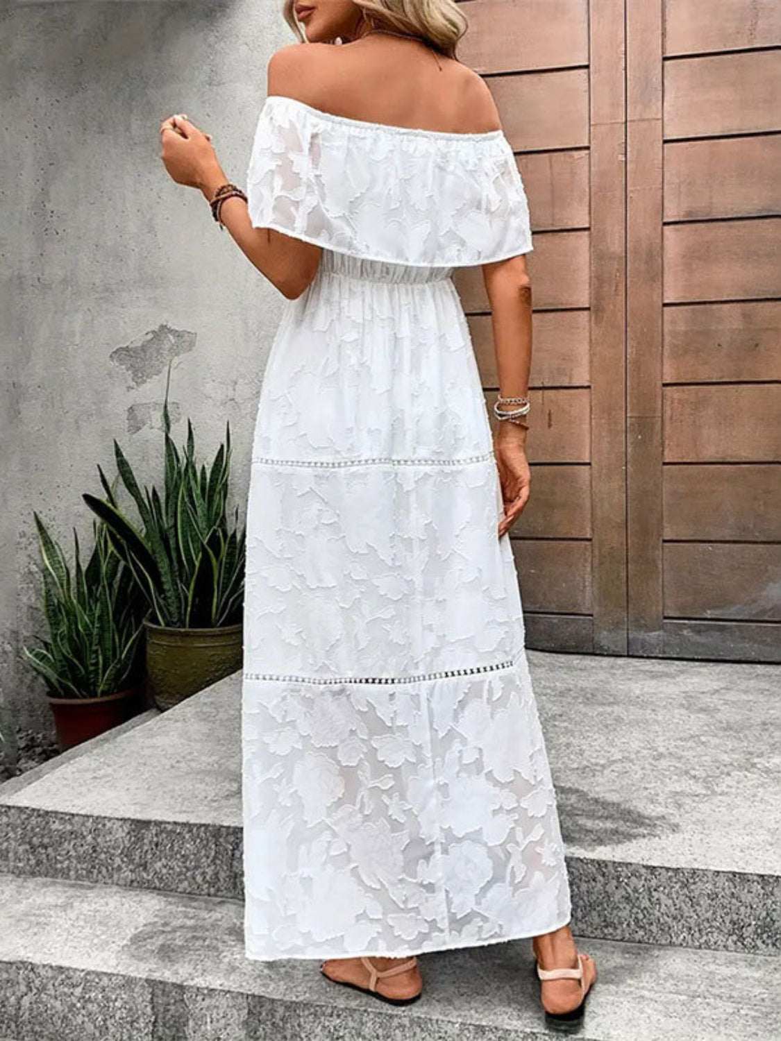 Off-shoulder short sleeve maxi dress, semi-sheer, 100% polyester.