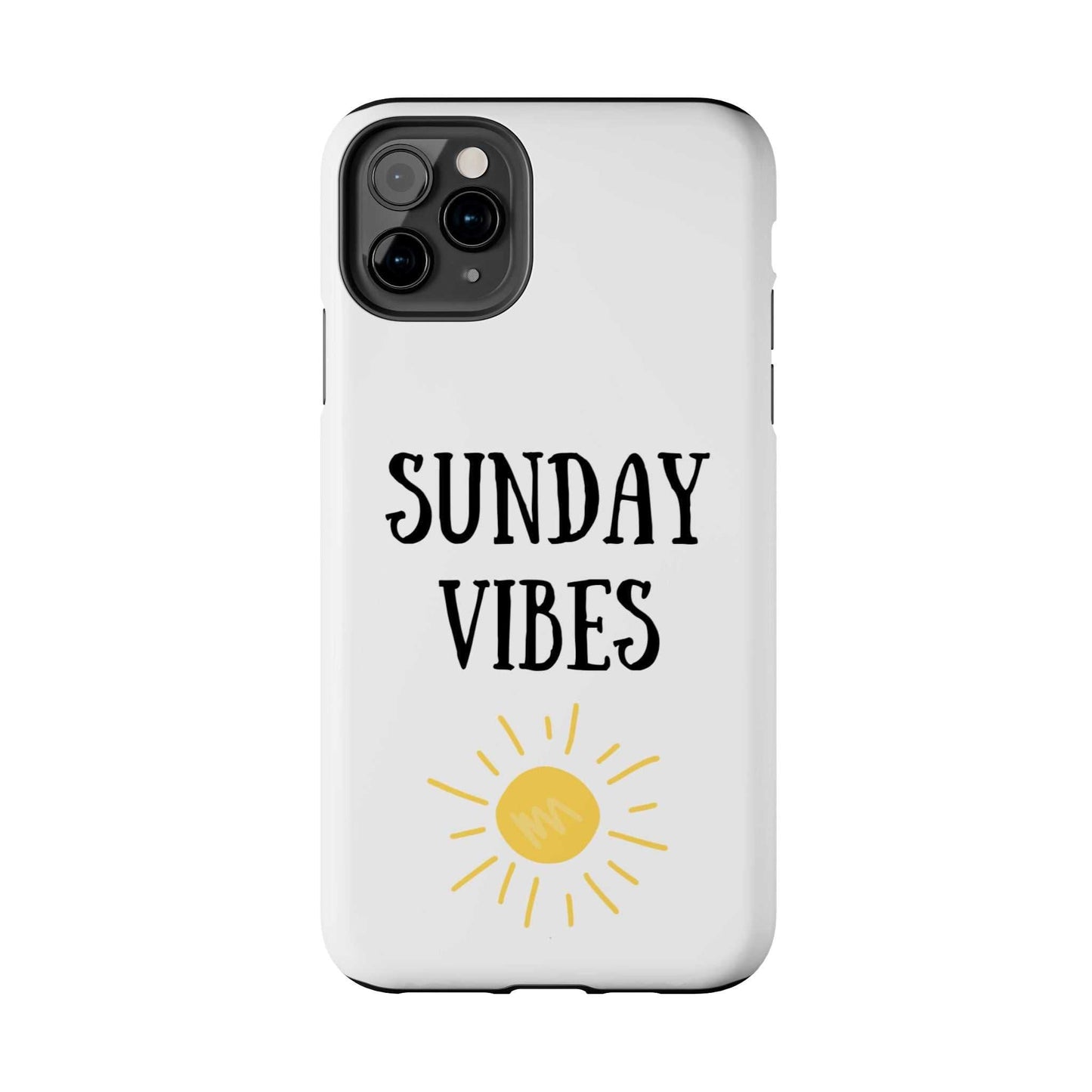 Phone case with 'Sunday Vibes' sun graphic design, durable Lexan plastic, glossy finish.