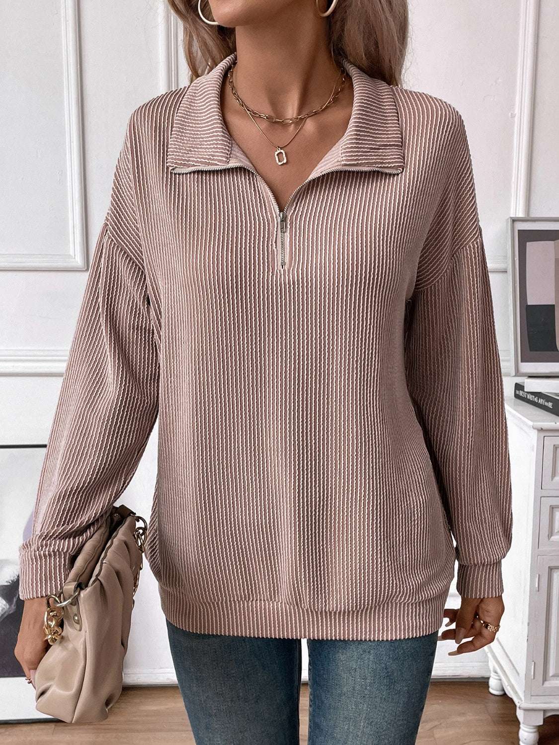 Double Take Striped Half Zip Long Sleeve T-Shirt Success Taupe