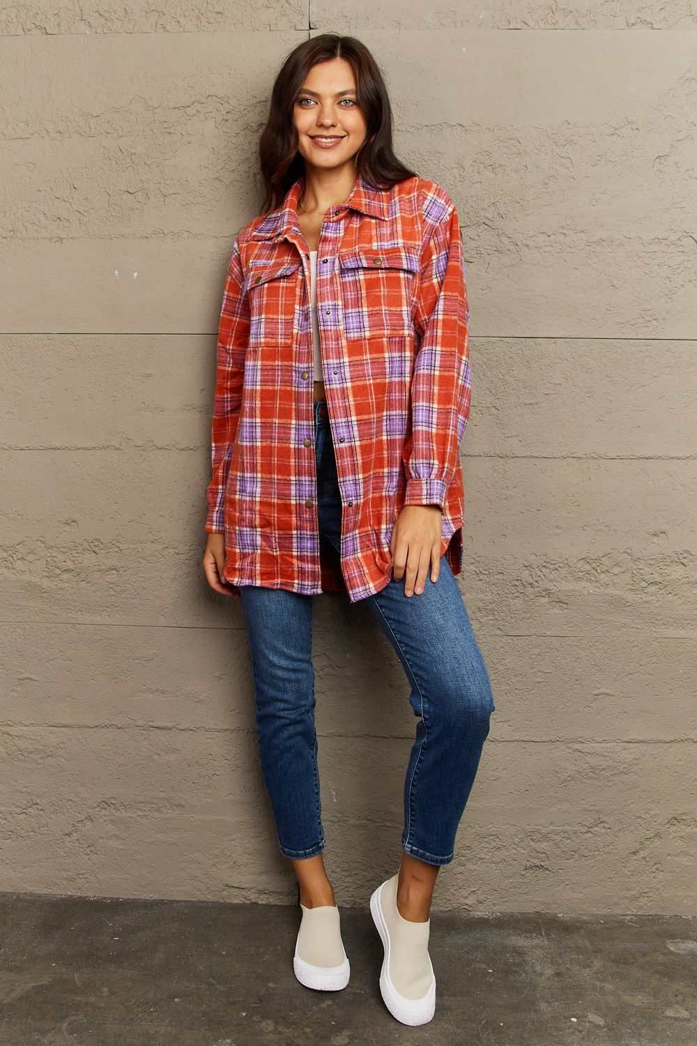 Ninexis Full Size Plaid Collared Neck Button-Down Long Sleeve Jacket Coral