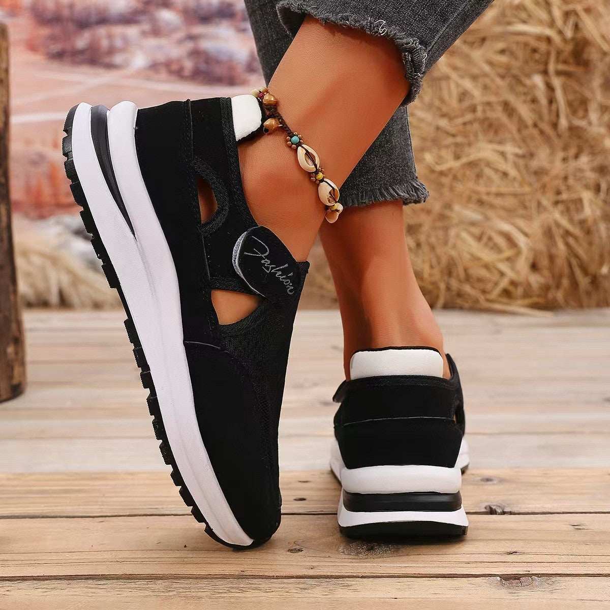 Mesh Round Toe Platform Sneakers with mid heels in black, rubber and PU leather.