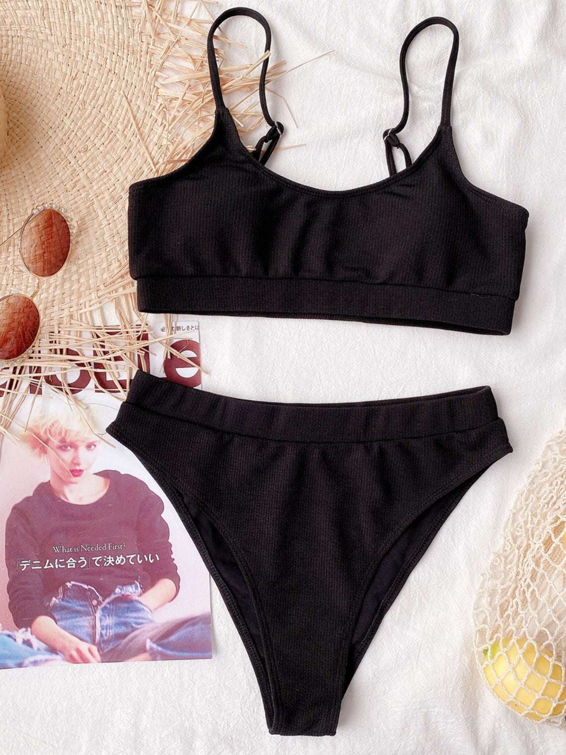 Scoop Neck Spaghetti Strap Two-Piece Swim Set in black with removable padding and stretchy material.