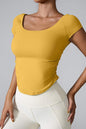 Round neck short sleeve active t-shirt in yellow, highly stretchy nylon and spandex blend.