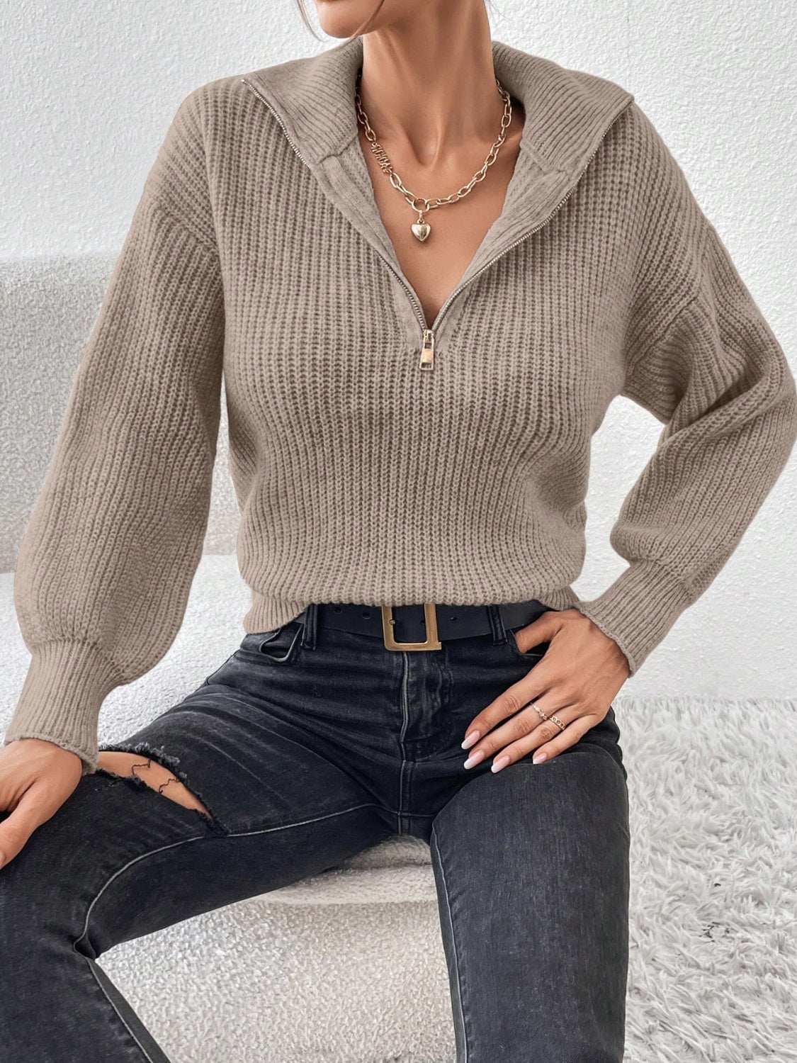 Honey Half Zip Dropped Shoulder Sweater Taupe