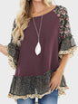 Full Size Frill Printed Round Neck Half Sleeve Blouse, polyester fabric, floral design.